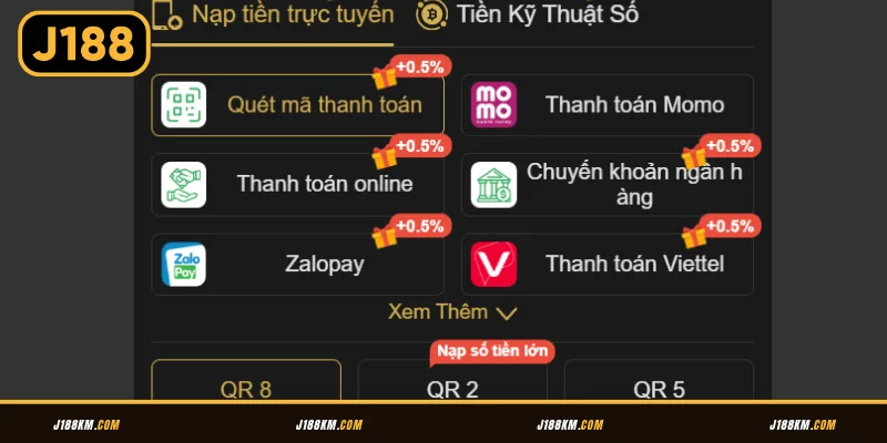 Cập nhật các phương thức nạp tiền tại J188